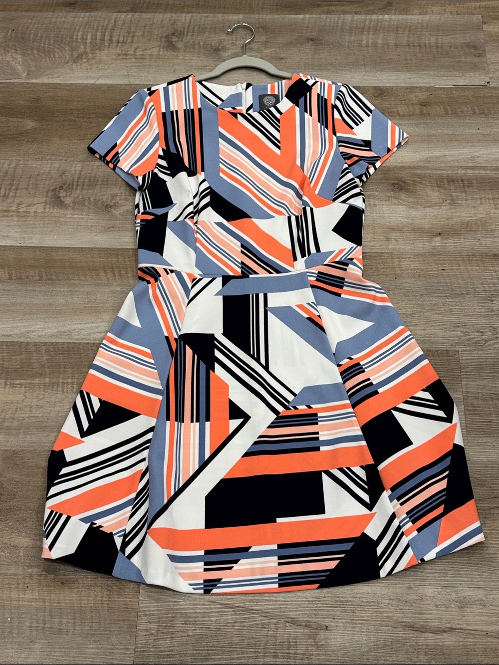 Vince Camuto Coral, Navy, Coral & Light Blue Geometric Fit-and-Flare Dress